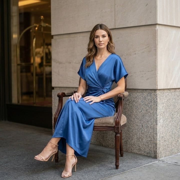 Elegant Midi Dress with Draped Waist Knot and Cap Sleeves