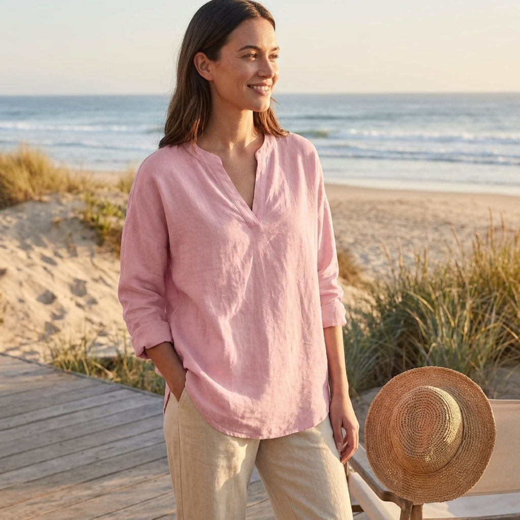 Relaxed-Fit Tunic Blouse with Split V-Neck and Curved Hem