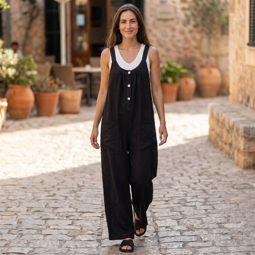 Relaxed Wide-Leg Jumpsuit with Button Front and Oversized Pocket Detail