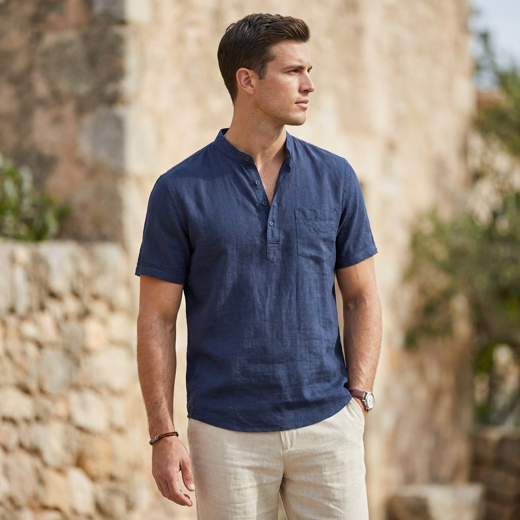 Relaxed Mandarin Collar Shirt with Button Placket and Chest Pocket