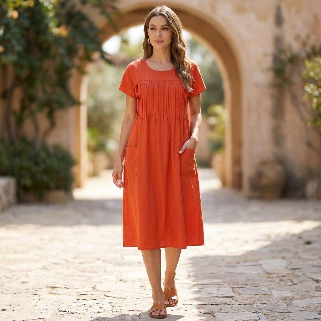 Pleated Front Maxi Dress with Relaxed Silhouette and Patch Pockets