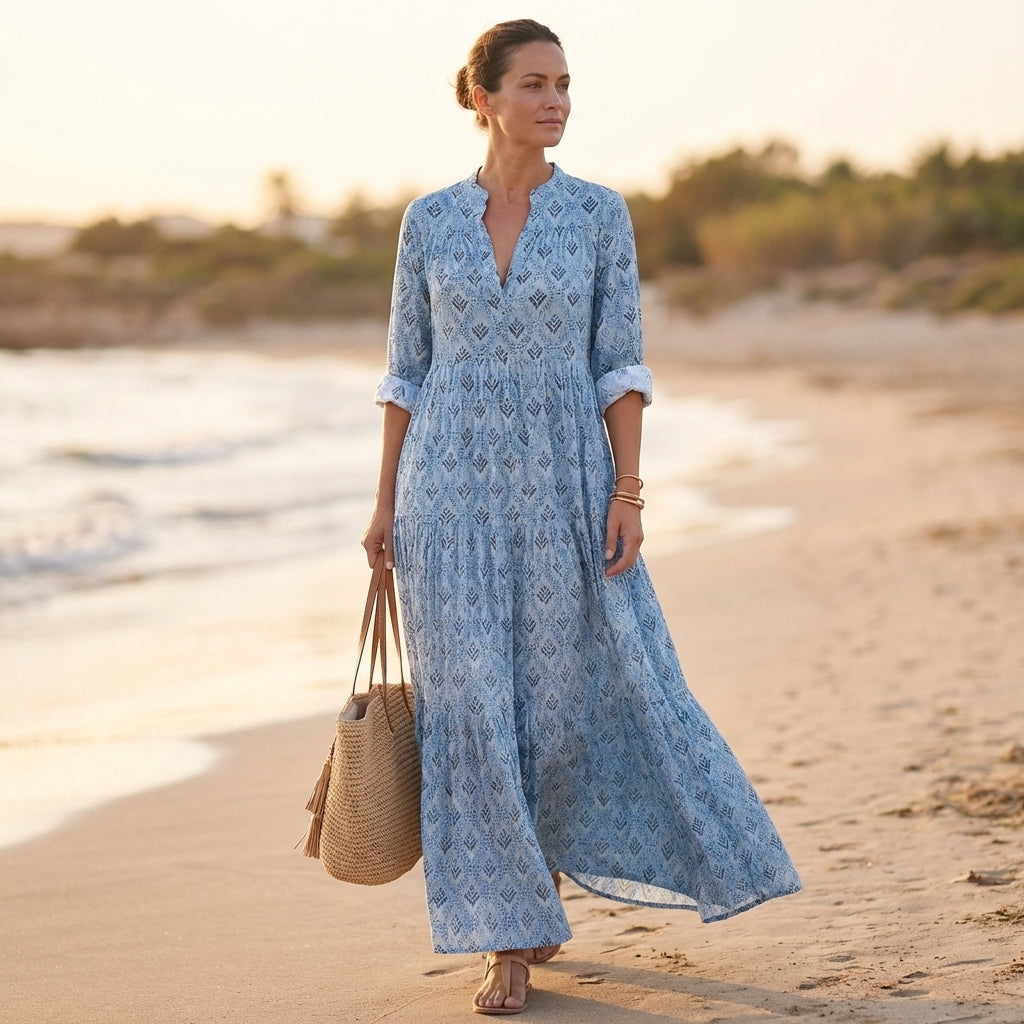 Bohemian Printed Maxi Dress with Relaxed Tiered Silhouette
