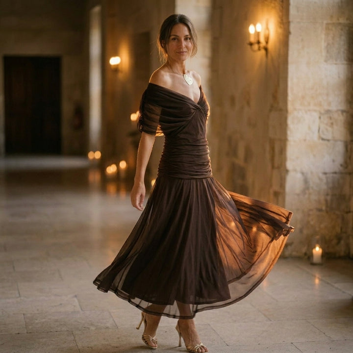 Chiffon Off-Shoulder Midi Dress with Ruched Bodice and Pleated Skirt