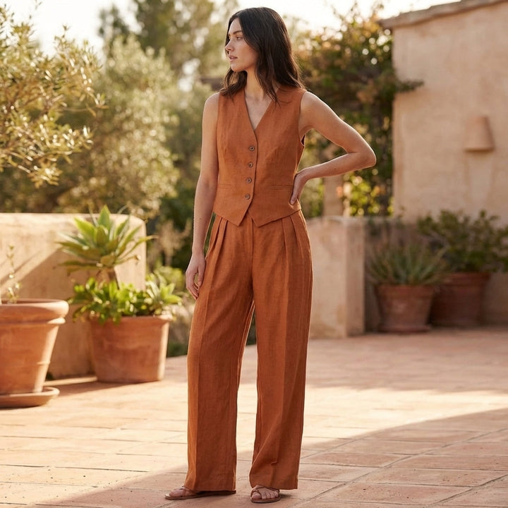 Tailored Linen Blend Vest and Wide Leg Trouser Set