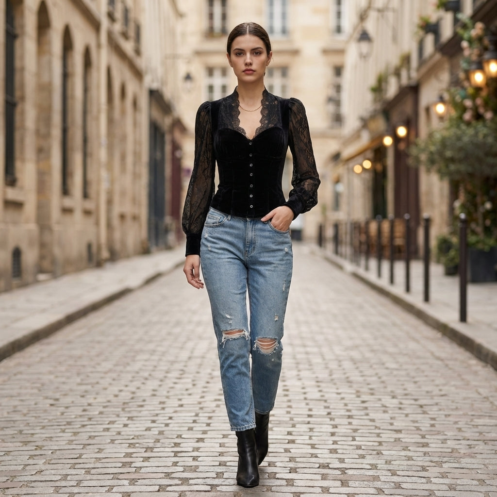 Fitted Velvet Lace Blouse with Sheer Sleeves and Button Front