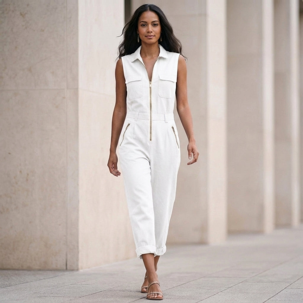 Relaxed Sleeveless Utility Jumpsuit with Zip-Front and Tailored Cuffs