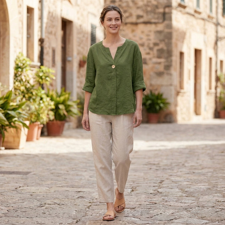 Relaxed Linen Blend Blouse with Statement Button Detail