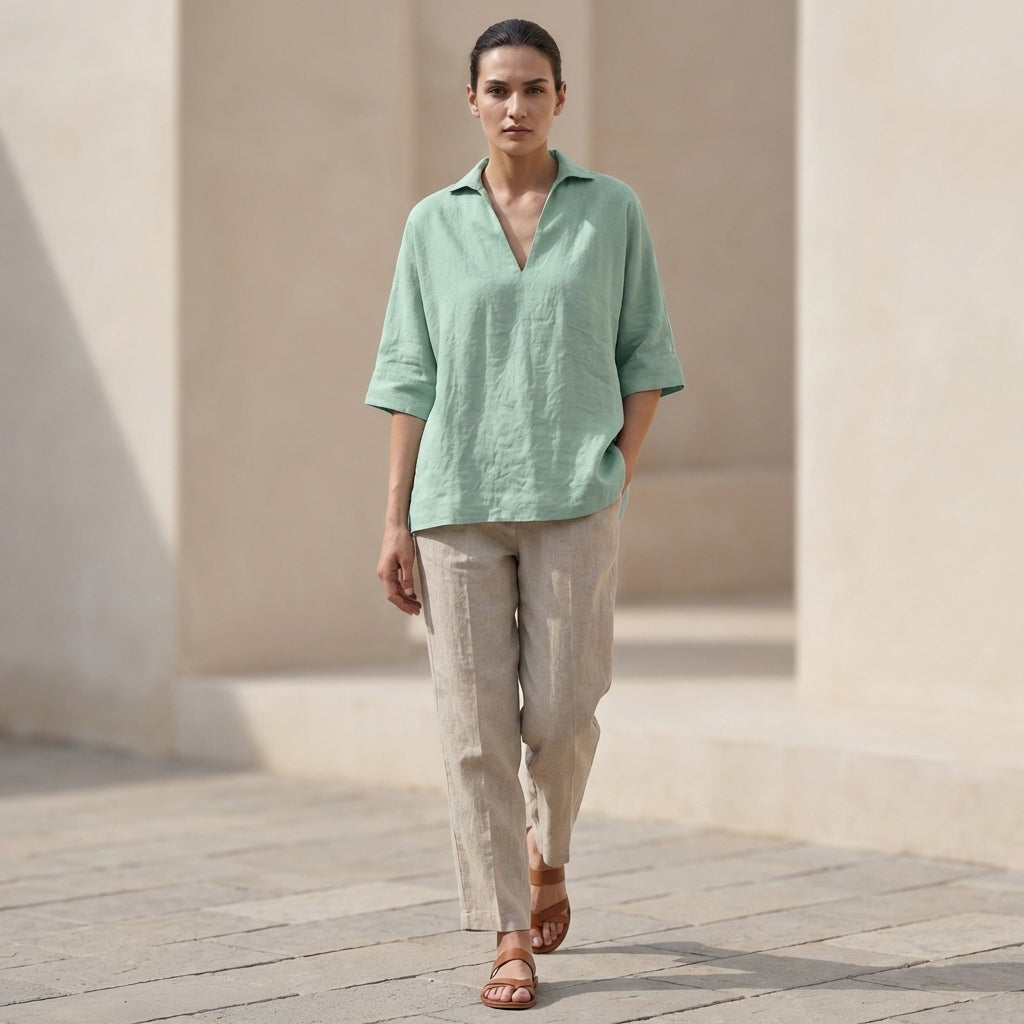 Loose V-Neck Shirt with Lapel Collar and Cuffed Sleeves