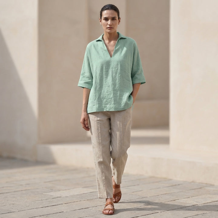 Loose V-Neck Shirt with Lapel Collar and Cuffed Sleeves