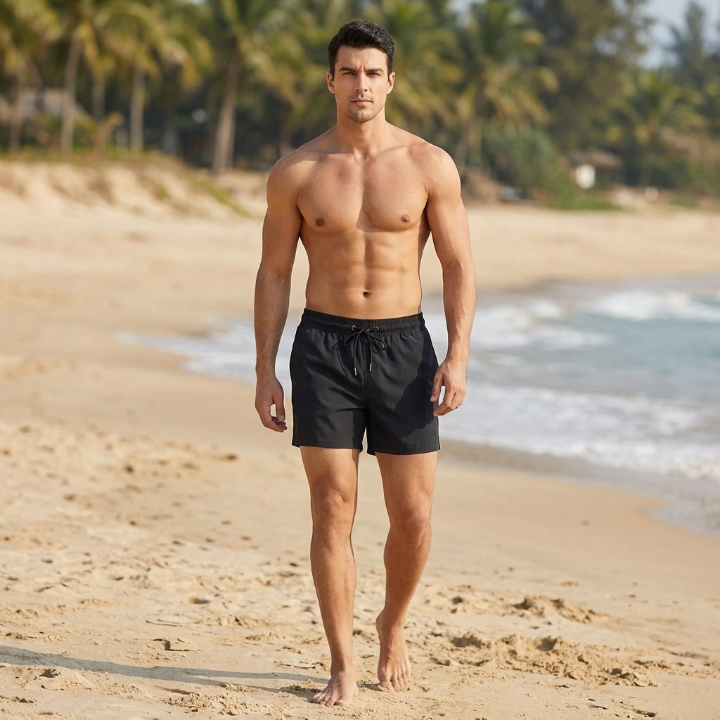 Drawstring Swim Shorts with Relaxed Fit and Back Pocket