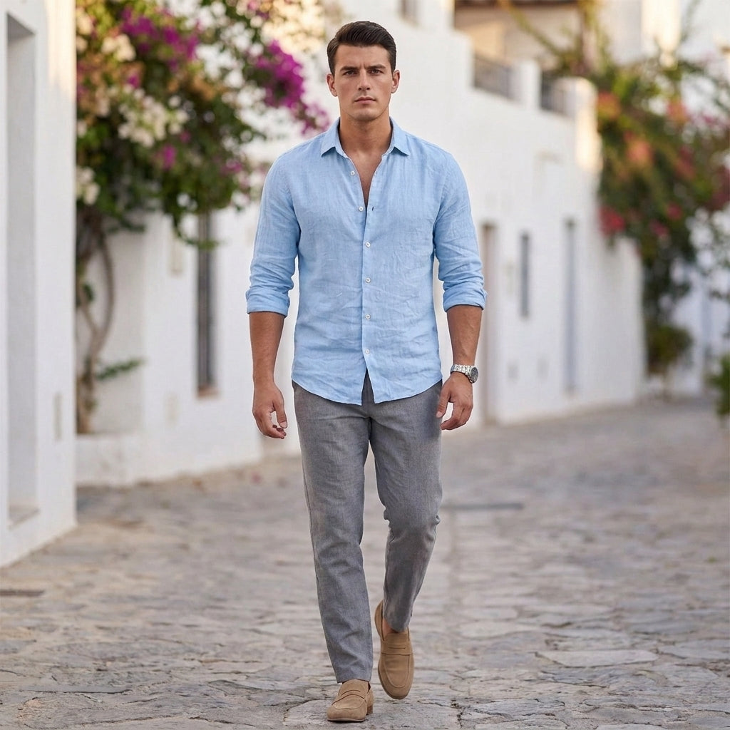 Relaxed Button Front Shirt with Open Collar Neckline