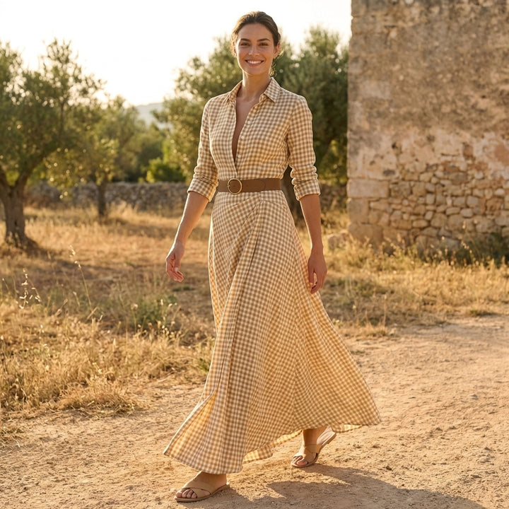 Checkered Maxi Dress with Collared Neckline and Tailored Waist