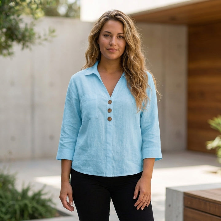 Relaxed Button Detail Blouse with Open Collar Neckline
