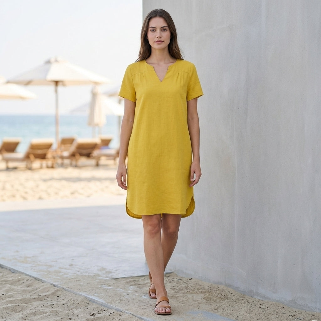 Relaxed V Neck Mini Dress with Rolled Sleeves and Curved Hem