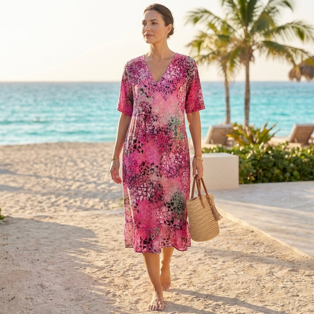 Chiffon Knee-Length V-Neck Dress with Lace Trim and Gathered Waist