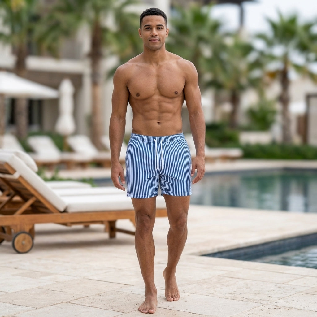 Classic Striped Swim Shorts with Drawstring Waist and Relaxed Fit