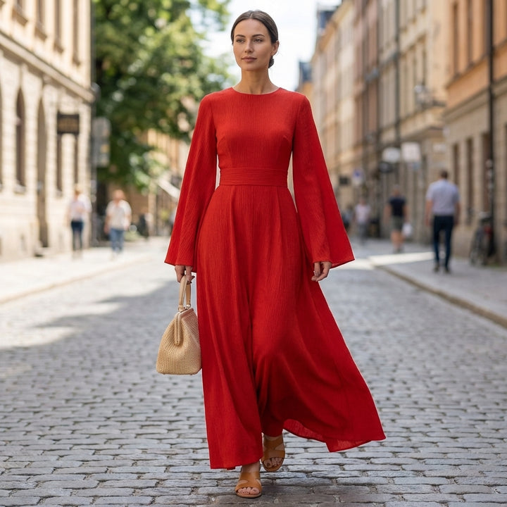 Flowing Maxi Dress with Draped Waist and Bell Sleeves