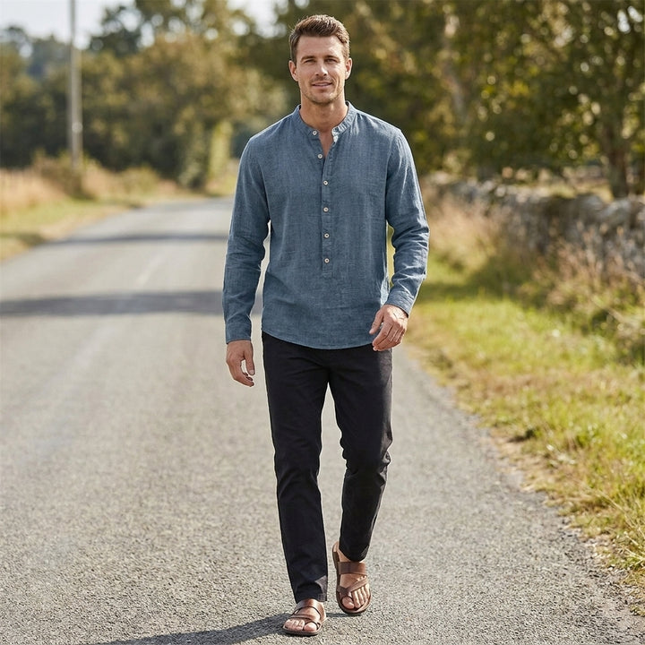 Relaxed Band Collar Linen Blend Shirt with Button Placket