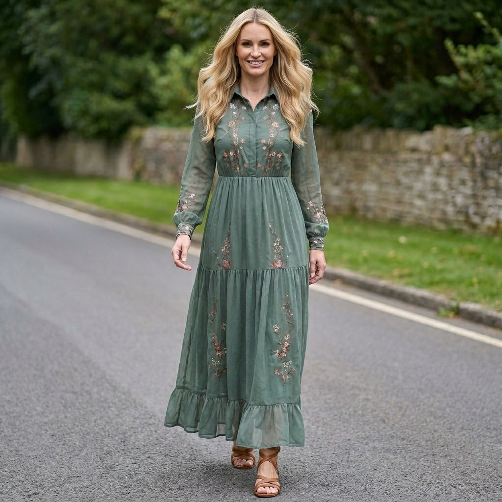 Floral Embroidered Tiered Maxi Dress with Gathered Waist