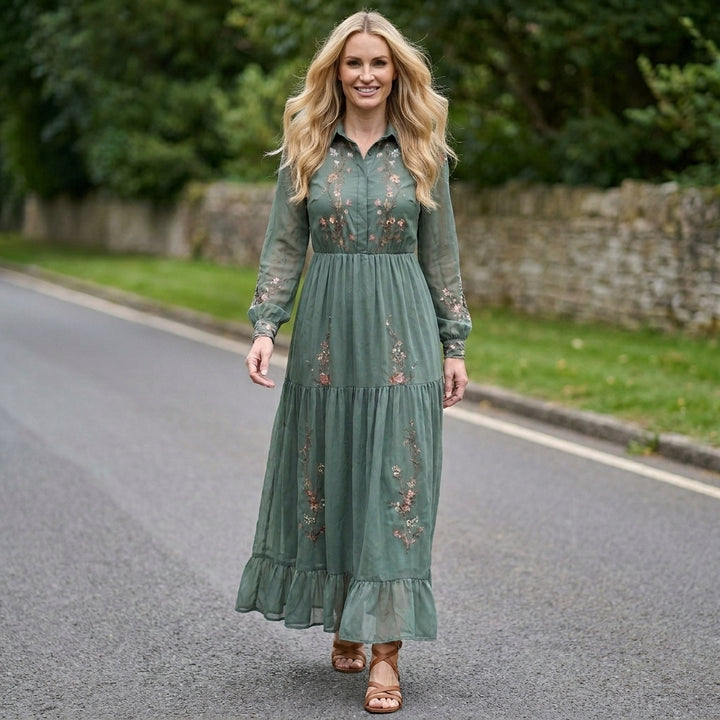 Floral Embroidered Tiered Maxi Dress with Gathered Waist
