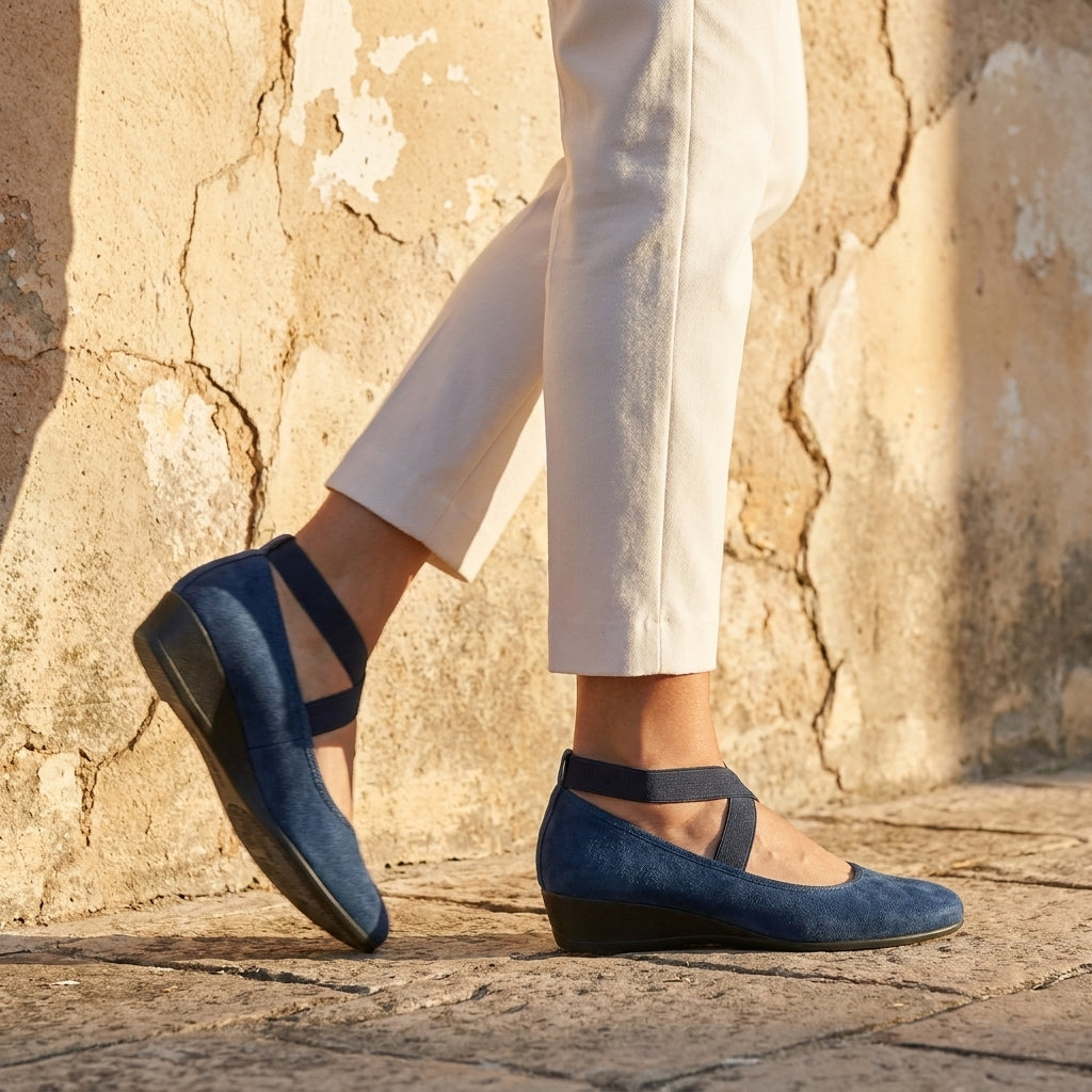 Comfort Ballet Flats with Cross Strap Detail and Low Wedge Heel