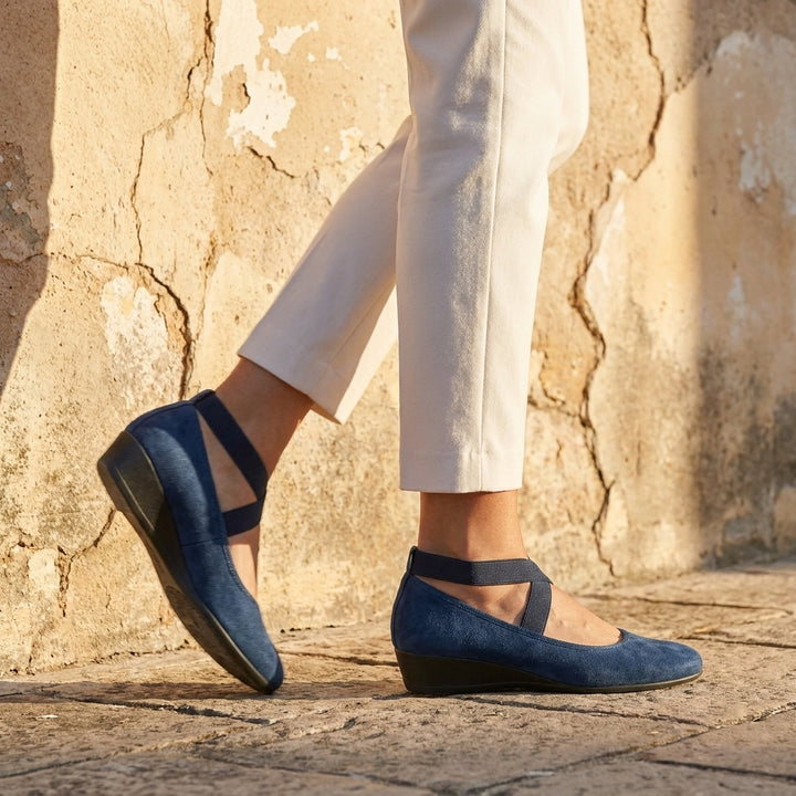 Comfort Ballet Flats with Cross Strap Detail and Low Wedge Heel