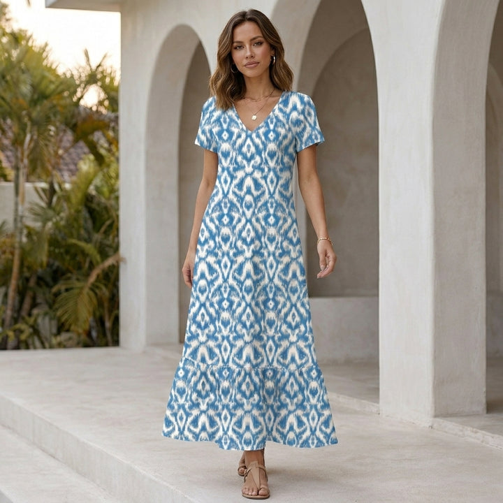 Relaxed V-Neck Ikat Pattern Maxi Dress with Ruffled Tier Hem