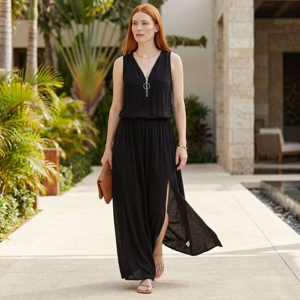 Flowing Sleeveless Maxi Dress with Zip Neckline and Side Slit Detail