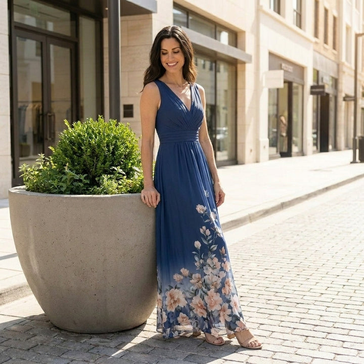 Floral Ombre Maxi Dress with Deep V Neck and Flowing Silhouette