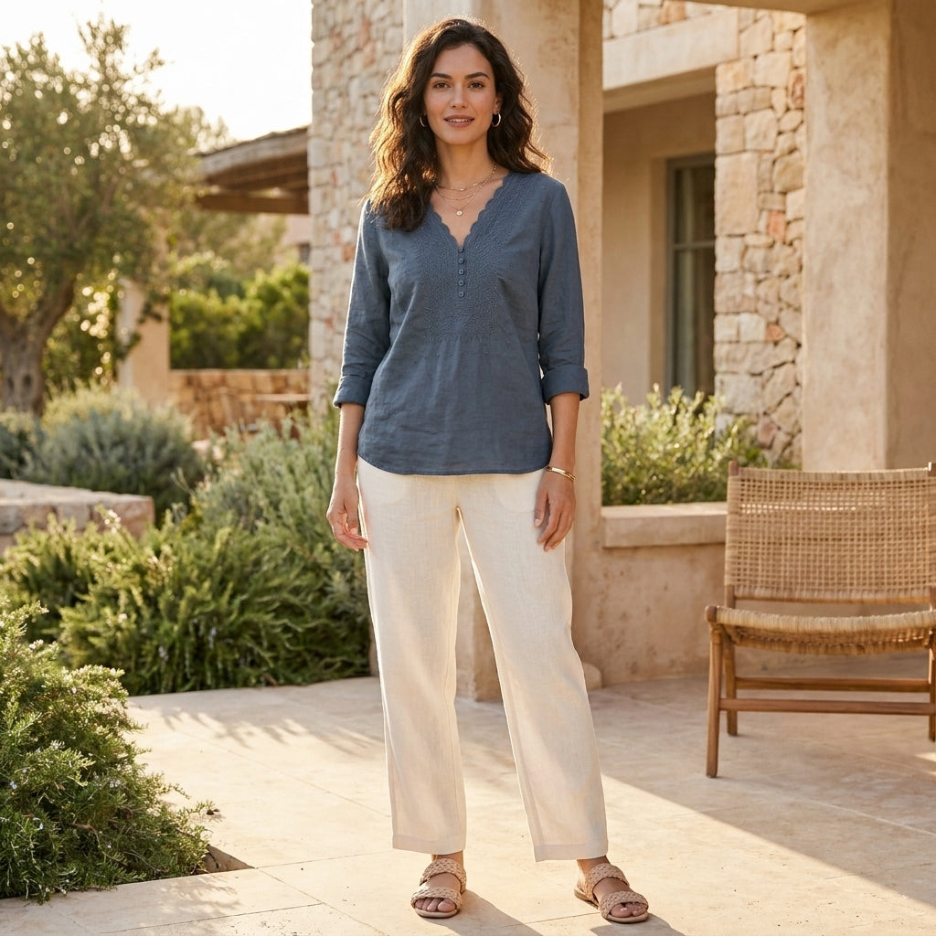 Relaxed Embroidered V-Neck Blouse with Scalloped Trim