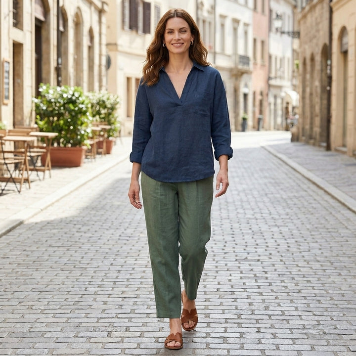 Relaxed Fit Blouse with Soft V Neck and Pocket Detail