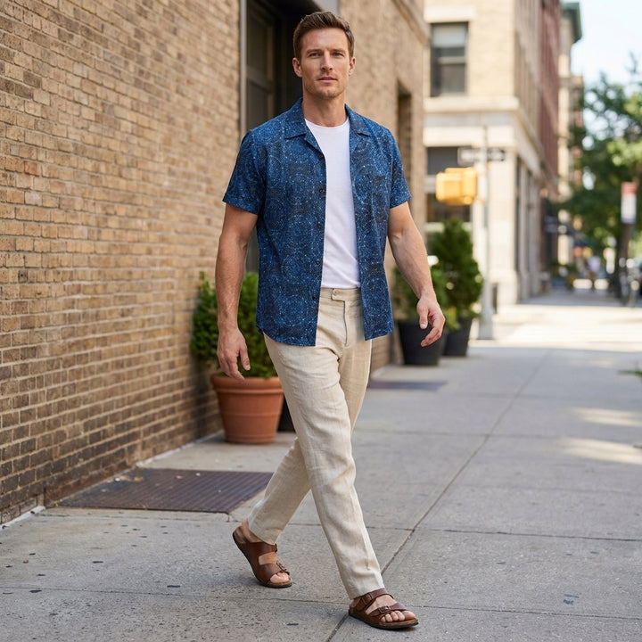 Relaxed Fit Geometric Print Camp Collar Shirt with Chest Pocket