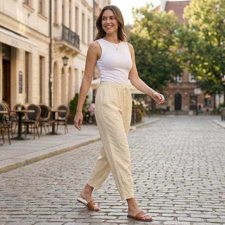 Relaxed Cropped Pants with Gathered Waist and Side Slits