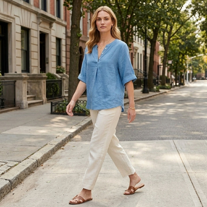 Relaxed Henley Blouse with Notched Neckline and Flowing Sleeves