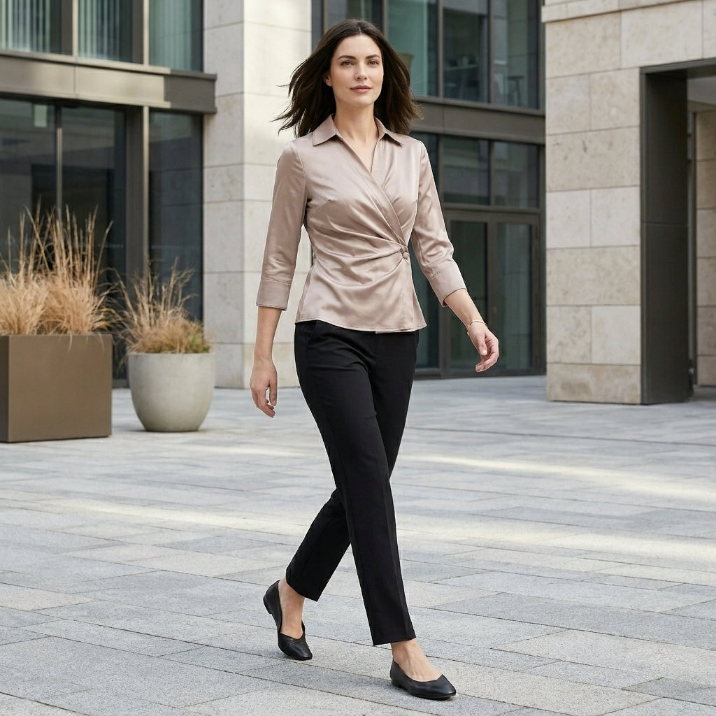 Wrap Blouse with Sculpted Waist and Tailored Collar