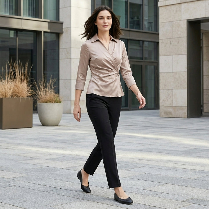Wrap Blouse with Sculpted Waist and Tailored Collar