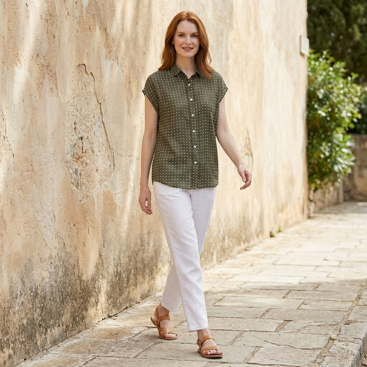 Relaxed Polka Dot Button Front Blouse with Soft Cap Sleeves