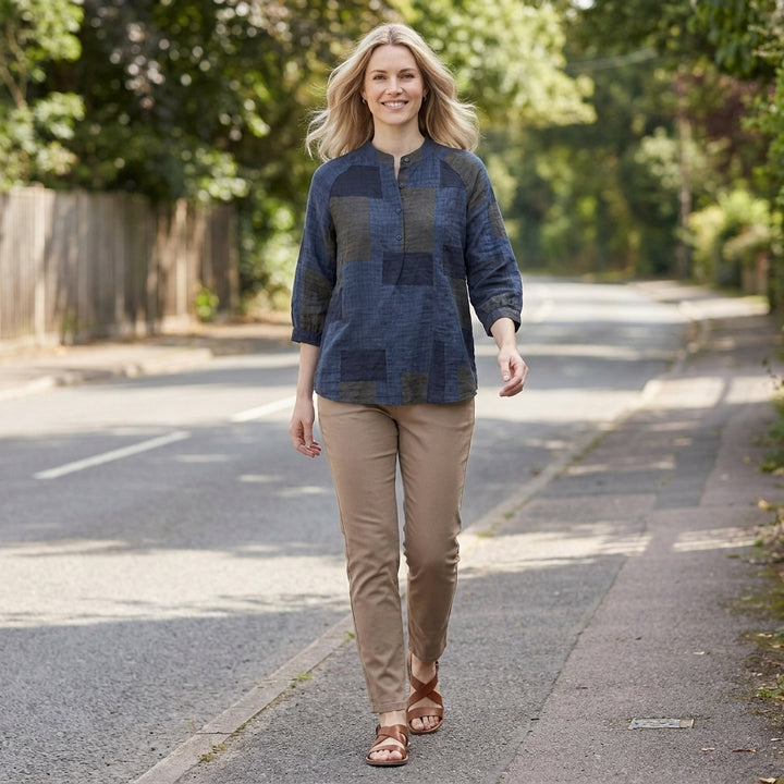 Relaxed Patchwork Print Blouse with Mandarin Collar and Button Front