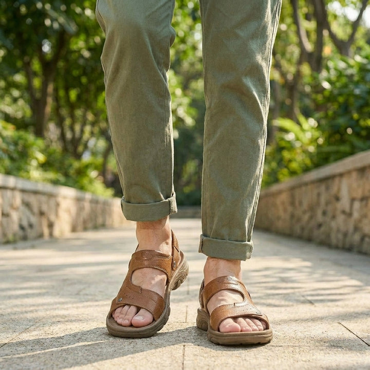 Pebbled Outdoor Sandals with Adjustable Heel Strap and Rugged Sole