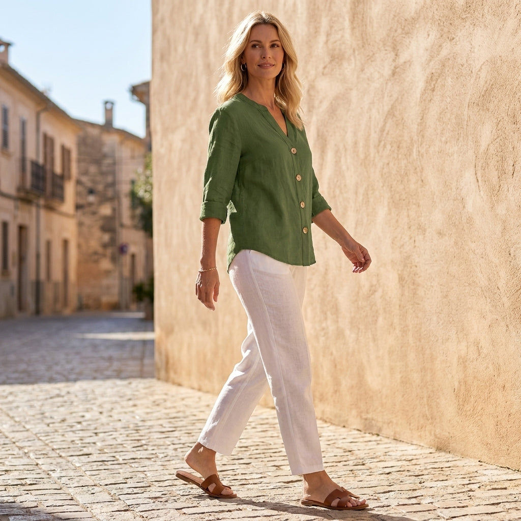 Relaxed Button Front Blouse with Rolled Sleeves and Split Neckline