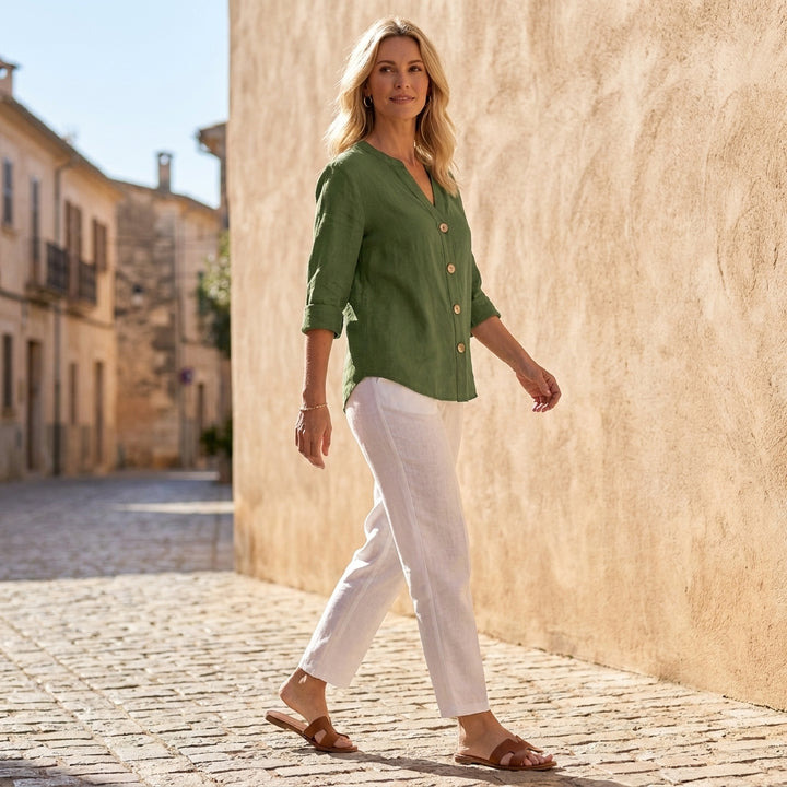 Relaxed Button Front Blouse with Rolled Sleeves and Split Neckline