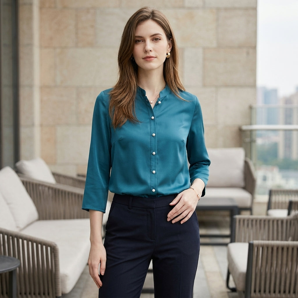 Relaxed Button Front Blouse with Mandarin Collar