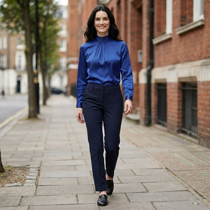 Mock Neck Satin Blouse with Elegant Pleated Front Detail