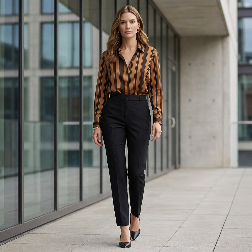 Satin-Finish Relaxed Fit Striped Collared Blouse with V-Neckline