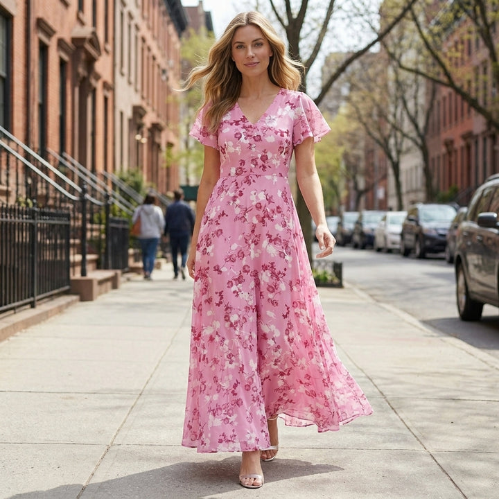 Chiffon A-Line Maxi Dress with V-Neck and Flutter Sleeves for Special Occasions