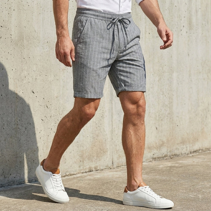 Relaxed Pinstripe Drawstring Shorts with Rolled Hem Detail