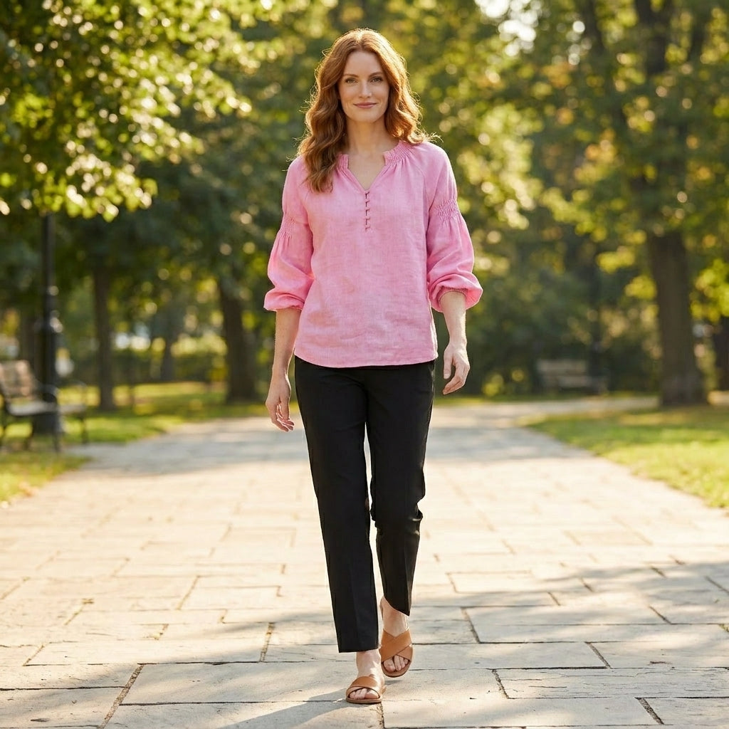Relaxed Peasant Blouse with Gathered Neckline and Balloon Sleeves