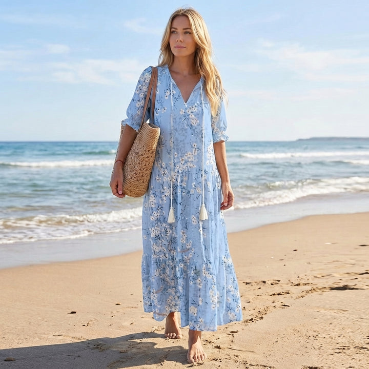 Boho Printed Maxi Dress with Tassel Tie Neck and Tiered Skirt