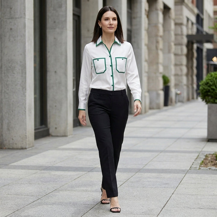 Contrast Trim Button Front Blouse with Tailored Utility Pockets