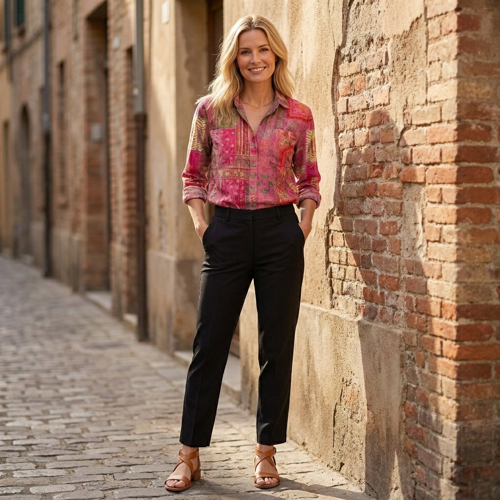 Relaxed Printed Button Front Blouse with Soft Collar and Long Sleeves